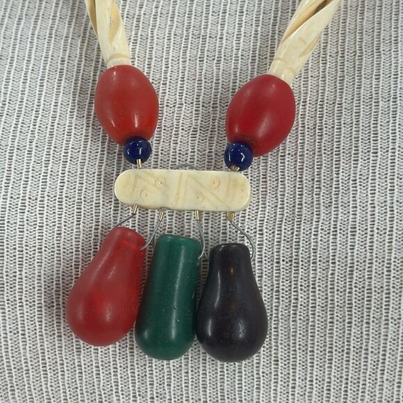Vintage acrylic and bone tribal chunky colorful beaded 24 inch necklace - Picture 2 of 5